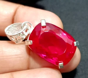 Certified 34 Ct Natural Red Ruby Pigeon Blood 925 Silver Pendant Loose Gemstone - Picture 1 of 8