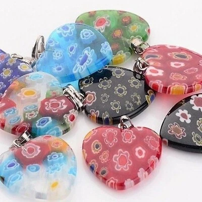 5 x PRETTY MILLEFIORI LAMPWORK GLASS HEART MIXd COLOURS 20mmx20mmx3mm PENDANT B5