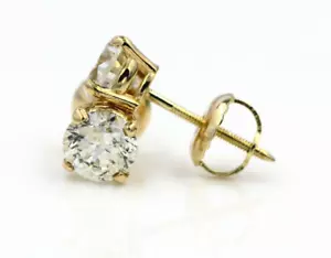 1.01 Carat Round Cut Natural Diamond 14K Yellow Gold Stud Earrings Screw Back - Picture 1 of 6