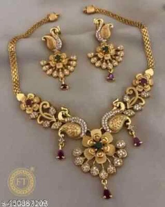 22K vergoldet Jhumka Ohrringe Indischer Bollywood Halsreif Halskette Brautschmuck - Bild 1 von 5