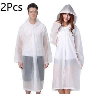 2 Pack Raincoats Emergency EVA Rain Ponchos For Adults Reusable with Hood White - Picture 1 of 6