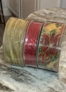 Lot of three new rolls wired edge ribbon 2.5” x 50 Yds, 1.5” x 50 Yds Christmas - Picture 1 of 8