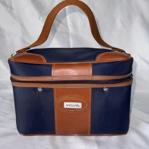 Bolso de viaje Jaguar vintage azul marino, ribete de cuero marrón, en muy buena condición - Imagen 1 de 9