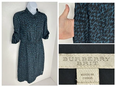 Burberry Brit Teal Abstract Print 3/4 Sleeve Shirt Dress Size 4 US Pockets - Image 1 of 4