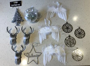 BUNDLE JOB LOT SILVER WHITE CHRISTMAS TREE DECORATIONS IDEAL FOR CRAFTS WREATHS - Picture 1 of 2