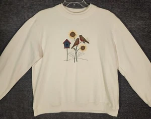 Classic Elements Sweatshirt Embroidered Birds Size M White Vintage - Picture 1 of 6