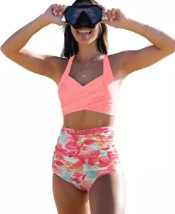 SPORLIKE Women High Waisted Swimsuit Triangle Top Two Piece Bikini Tummy Control - Picture 1 of 3