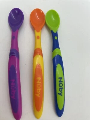 Nuby Fun Feeding  Spoon Lot of 3 Bright Colors Long Easy Grip Handle - Image 1 of 3