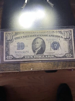 1934 $10 TEN DOLLAR BILL SILVER CERTIFICATE  VINTAGE NOTE BLUE SEAL B18092837A - Image 1 of 4
