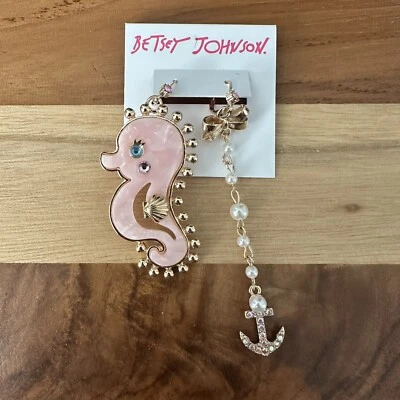 Betsey Johnson Baby Seahorse Anchor Mismatch Earrings Pink Gold Tone Whimsical - Image 1 of 3