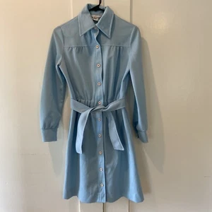 Authentic Vintage 60s Jonathan Logan Blue Day Shirt Dress Tie Button ILGWU Union - Picture 1 of 6