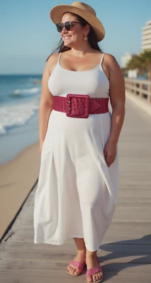 Donna Rosa Largo Fascia Elastica Moda Cintura Fibbia Quadrata Fianchi Vita Più M - Immagine 1 di 4