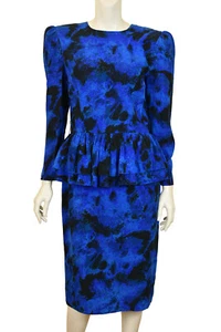 Vintage 80's Raul Blanco Silk Peplum Dress Size 10 Belted Ruffled Puff Sleeve - Picture 1 of 24