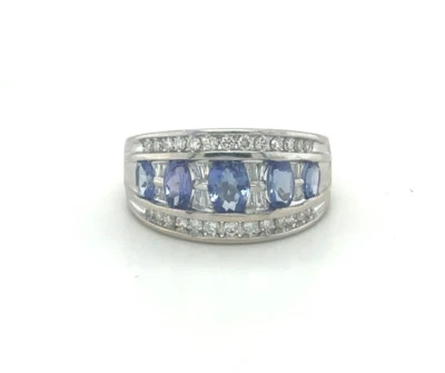 Tanzanite and Diamond Channel-Set Wide Band Ring - 14k White Gold - Size 7 - Image 1 of 4