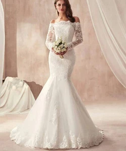 Lace Mermaid Wedding Dresses Boat Neck Long Sleeve Applique Backless Bridal Gown - Picture 1 of 7