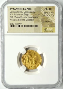 BYZANTINE EMPIRE CONSTANS II & CONSTANS IV AV SOILDUS (4.30G) NGC ANCIENTS CH AU - Picture 1 of 2