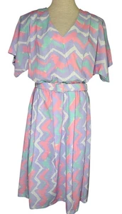 VTG 80s Luci Pellini Dress Pastel Geometric Print Belt 20/38" USA Dolman Sleeve - Picture 1 of 9