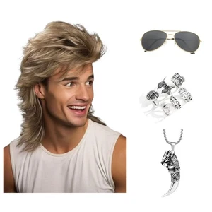 Mullet Wigs Sets with Necklace and 6pcs Metal Punk Rocker Rings and Sunglasse... - Picture 1 of 9