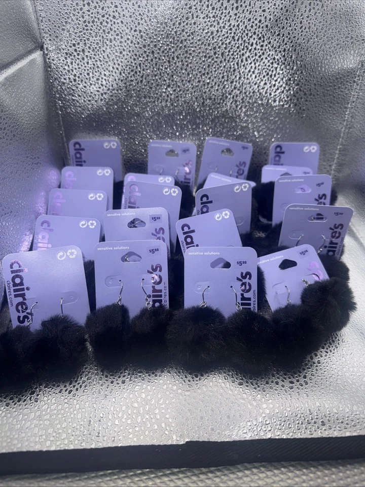 Claire’s Black Fluffy Pom Pom Earrings Soft Fuzzy Dangle Jewelry Sensitive