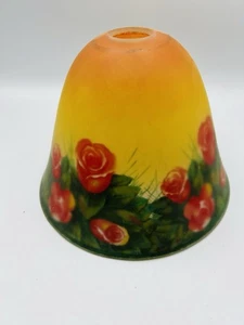 Vintage Reverse Painted Glass Shade Fluted Bell Shape Victorian Garden Red Roses - Picture 1 of 6