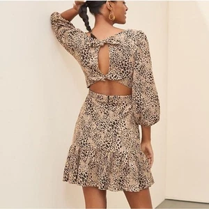 Anthropologie Maeve Leopard Back Bow Cut Out Mini Dress Size 4 Flirty Edgy Puff - Picture 1 of 12