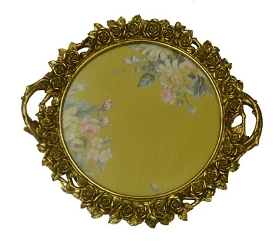 Bandeja de tocador redonda ornamentada dorada rosa con tapa de vidrio Foto 1 de 4