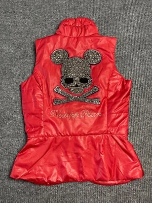 Colete acolchoado Philipp Plein feminino tamanho 6 vermelho zíper completo strass caveira sem mangas - Imagem 1 de 4