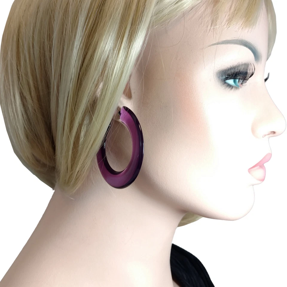 Clear Purple Lucite Earrings Hoop Large Big Bold Statement Wide Flat 2 1/4" - Image 1 of 4