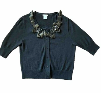 Cárdigan Recortado Oscar de la Renta Talla M SEDA CACHEMIRA Negro Cuello Cuentas 3/4 Slv Foto 1 de 4