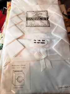 1970s New Old Stock Off White Damask Tablecloth and 8 Napkins Set Cotton & Rayon - Picture 1 of 7