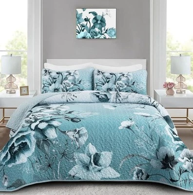 WONGS BEDDING 3 Pieces Boho Flower Quilt Coverlet Set King Size 90"x104" with 2 Pillow Shams