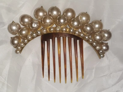 Circa 1870 pinchbeck and blown glass pearl bead and horn hair comb/tiara - image 1 of 4