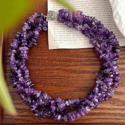 Collar llamativo cuentas irregulares grava piedras preciosas amatista natural 4 filas 18"" Foto 1 de 4