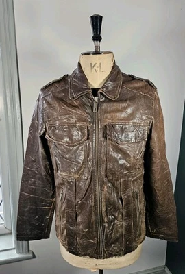 Vintage Chevignon Sheepskin Leather Jacket Medium Brown Distressed Union Made - Image 1 of 4