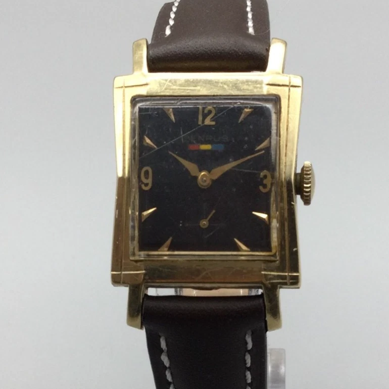 Reloj Benrus Hombre Vintage Oro 14K 24mm Esfera Negra Correa Cuero Marrón Cuerda Manual Foto 1 de 4