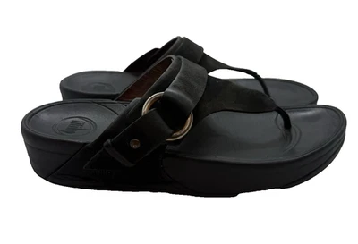 FitFlop Womens Lulu Adjustable Leather Toe-Post Sandals Black Leather Platform 8 - Image 1 of 4