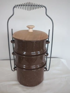 Vintage Brown Enamelware 3 Tier Lunch Box Bento New Old Stock - Picture 1 of 3