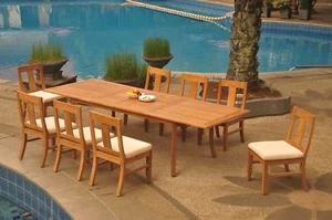 9-Piece Outdoor Teak Dining Set: 117" Rectangle Ext Table, 8 Armless Chairs Osbo - Picture 1 of 8