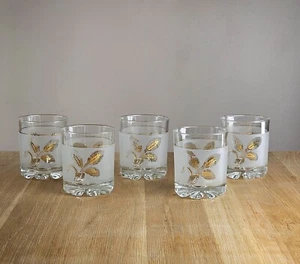 5 Mid-Century "De Valbor" Frosted Gold Leaf Wheat Pattern Tumblers, Italy, 1960s - Picture 1 of 3