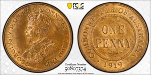 Australia 1919 KGV Penny Dot Below Choice Unc PCGS MS64 BN #7374 - Bild 1 von 2