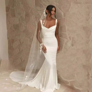 Wedding Dress Boatneck Satin Mermaid Easy-fit Sweep Train Sleeveless Contoured - Picture 1 of 7
