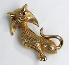Vintage Textured Gold Metal Red Rhinestone Eyes Stylized Exotic Cat Brooch Pin
