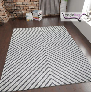 Cream Geometric Rug 100% Cotton Large Small Modern Striped Woven Washable Mat - Picture 1 of 41
