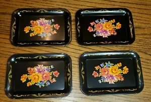 VTG Mini Toleware Trays Black with Floral and Gold Trim Italian Retro Boho Set 4 - Picture 1 of 10