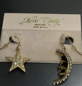 Kirks Folly Earrings Pierced Crescent Moon Star Gold Tone Metal Rhinestones - Picture 1 of 4