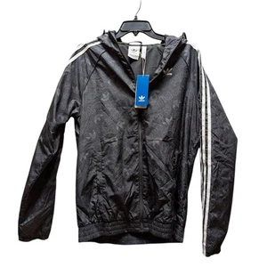 Adidas Black Monogram Small Hood Windbreaker full zip jacket Hood Elastic Waist - Picture 1 of 5