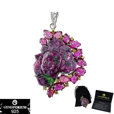 925 Sterling Silver Pendant Picasso Carving Ruby Zoisite 34ct Handmade Gemstone - Image 1 of 4