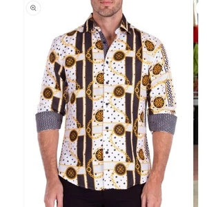 BC Collection Spangled Modern Button Up Long Sleeve Monogram Gold Chain Shirt - Picture 1 of 9