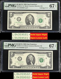 2017A $2 Filled/Solid Star Error Notes PMG Graded 67EPQ - Two Consecutive SCARCE - Picture 1 of 6