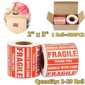 2-20 Rollos 2x3 Pegatina Frágil 500/Mango de Rollo con Cuidado Gracias Envío Etiqueta EE. UU. - Imagen 1 de 12